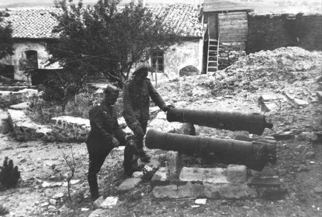 Немецкие солдаты разглядывают пушки XIX века.